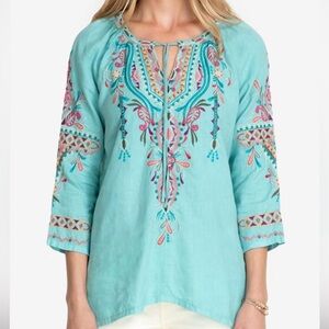 Johnny Was Kris Linen Peasant Blouse M Light Teal